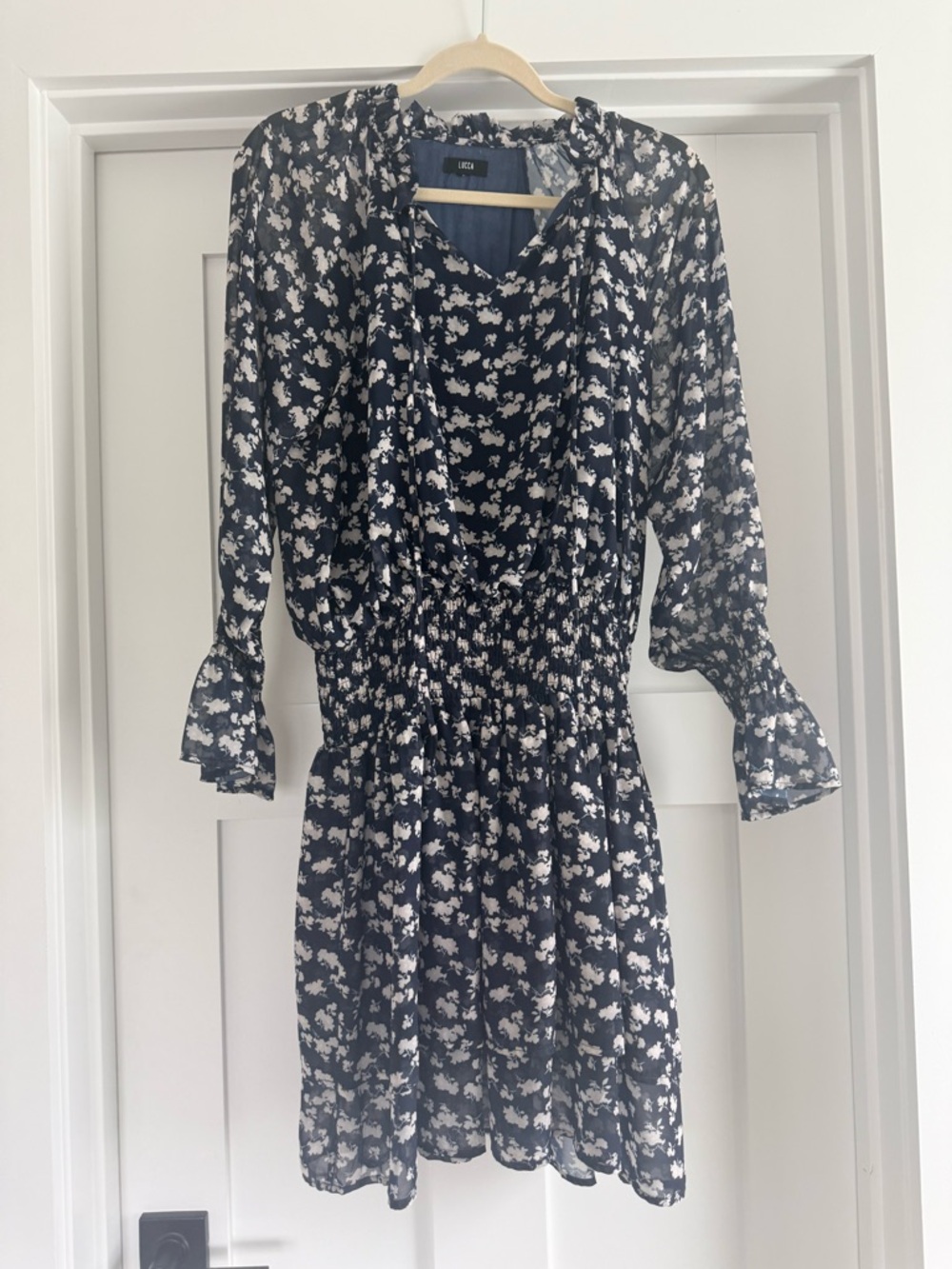 Trap waste, long sleeve dress, navy and cream, size medium